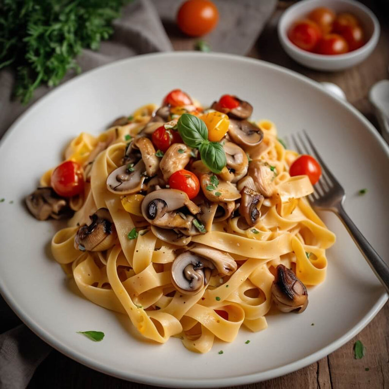 Smakelijke tagliatelle met kip, champignons, roomsaus en parmezaanse kaas. Koolhydraatarm en vol van smaak.